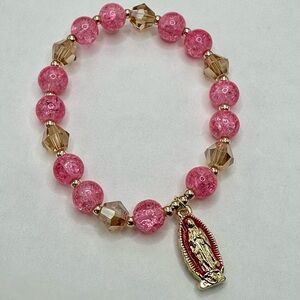 Pink Glass Beads With Virgin Mary Charm Faith Bracelet 1 OSFM Brand New